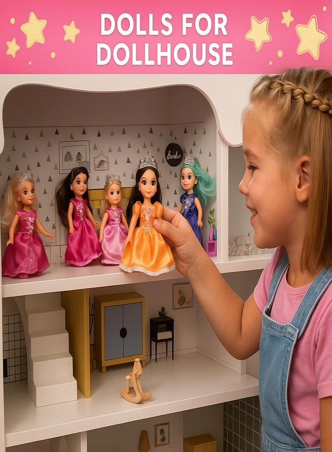 TOMLEON Princess Dolls Playset - 6 Mini Princess Dolls with Colorful Gowns, Crowns & Jewelry - Fantasy Role Play Set for Kids with Elegant Dresses, Accessories & Royal-Themed Box - Gift for Ages 3+ - Image 3